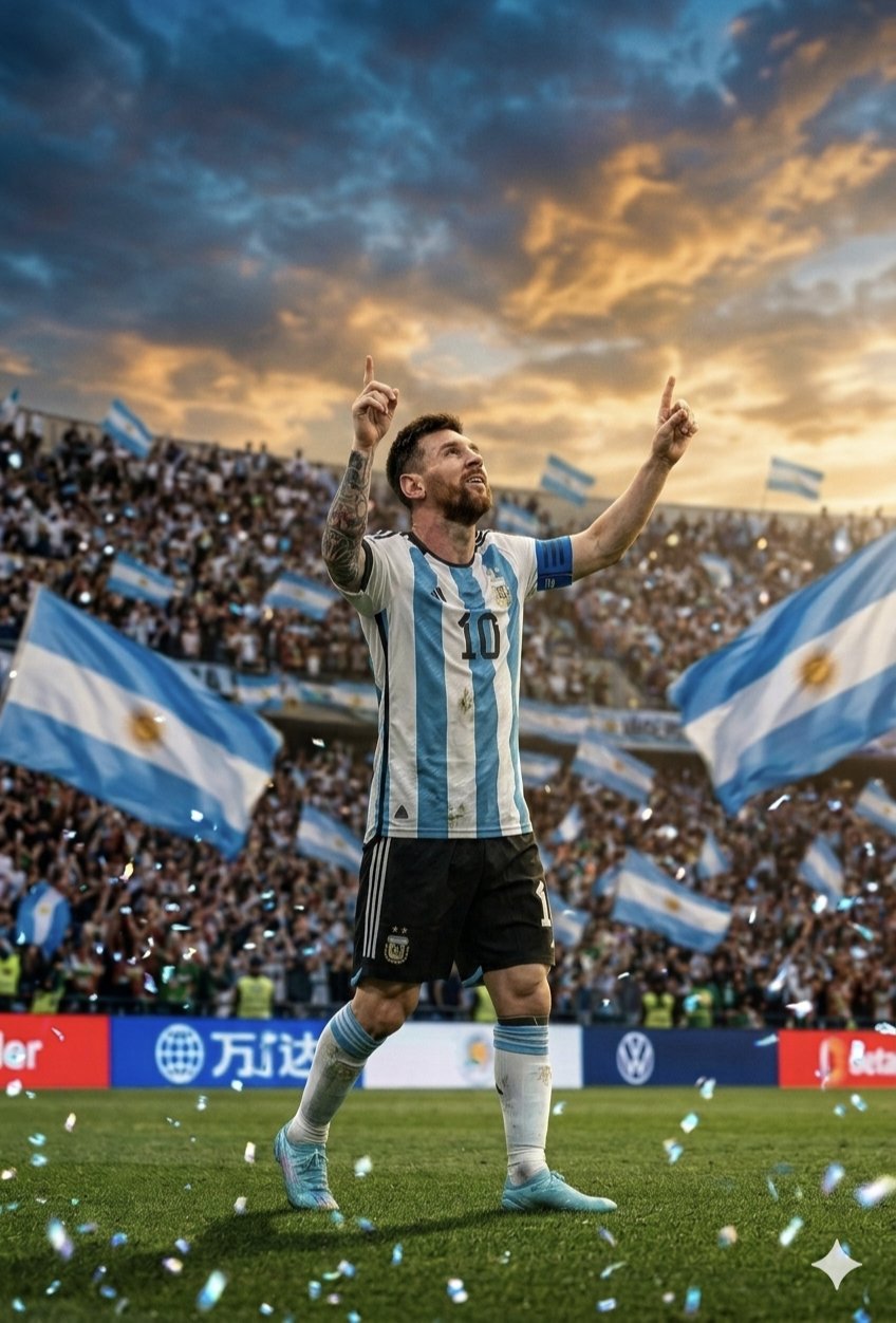 A high-quality, cinematic sports photograph featuring Lionel Messi in his