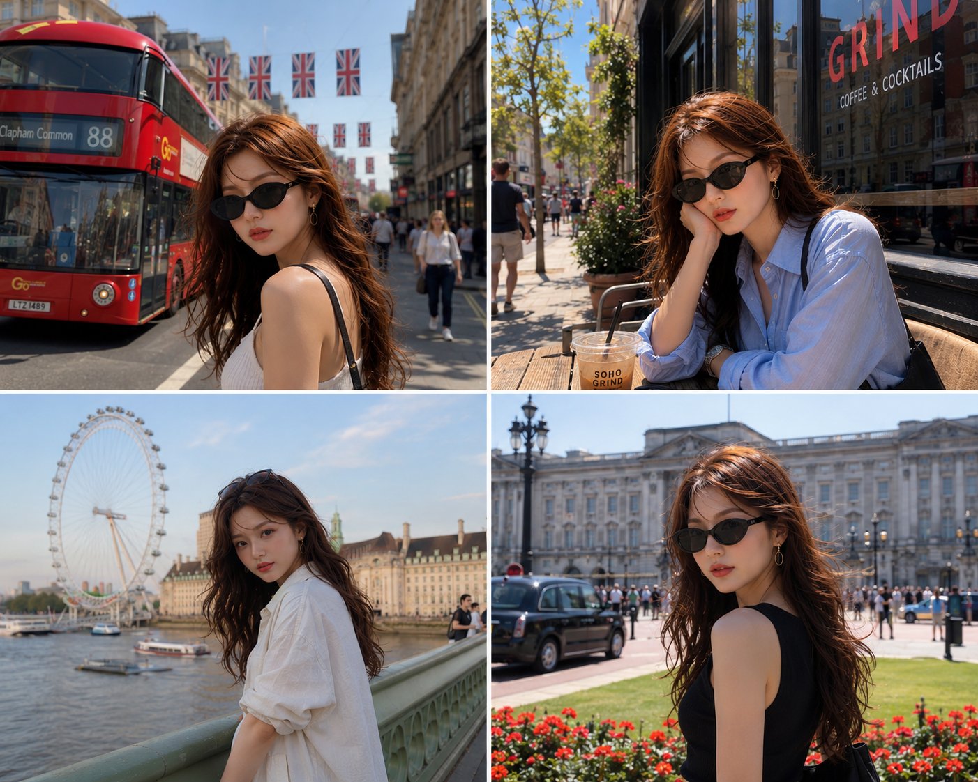 Ultra-realistic 4-photo travel collage of the same beautiful young woman