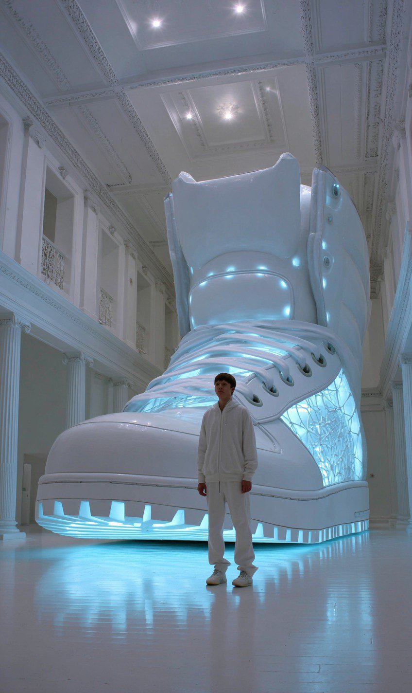 Absurdist installation art, full body shot