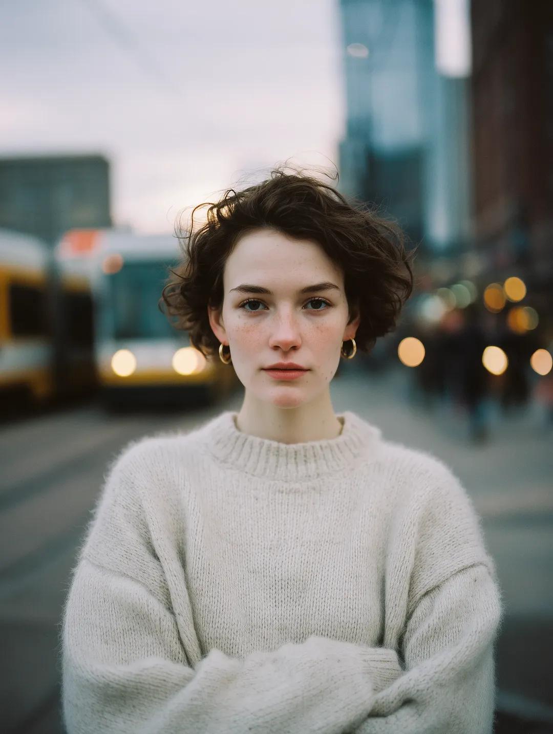 Cinematic, intimate portrait of a young woman with short dark wavy hair,