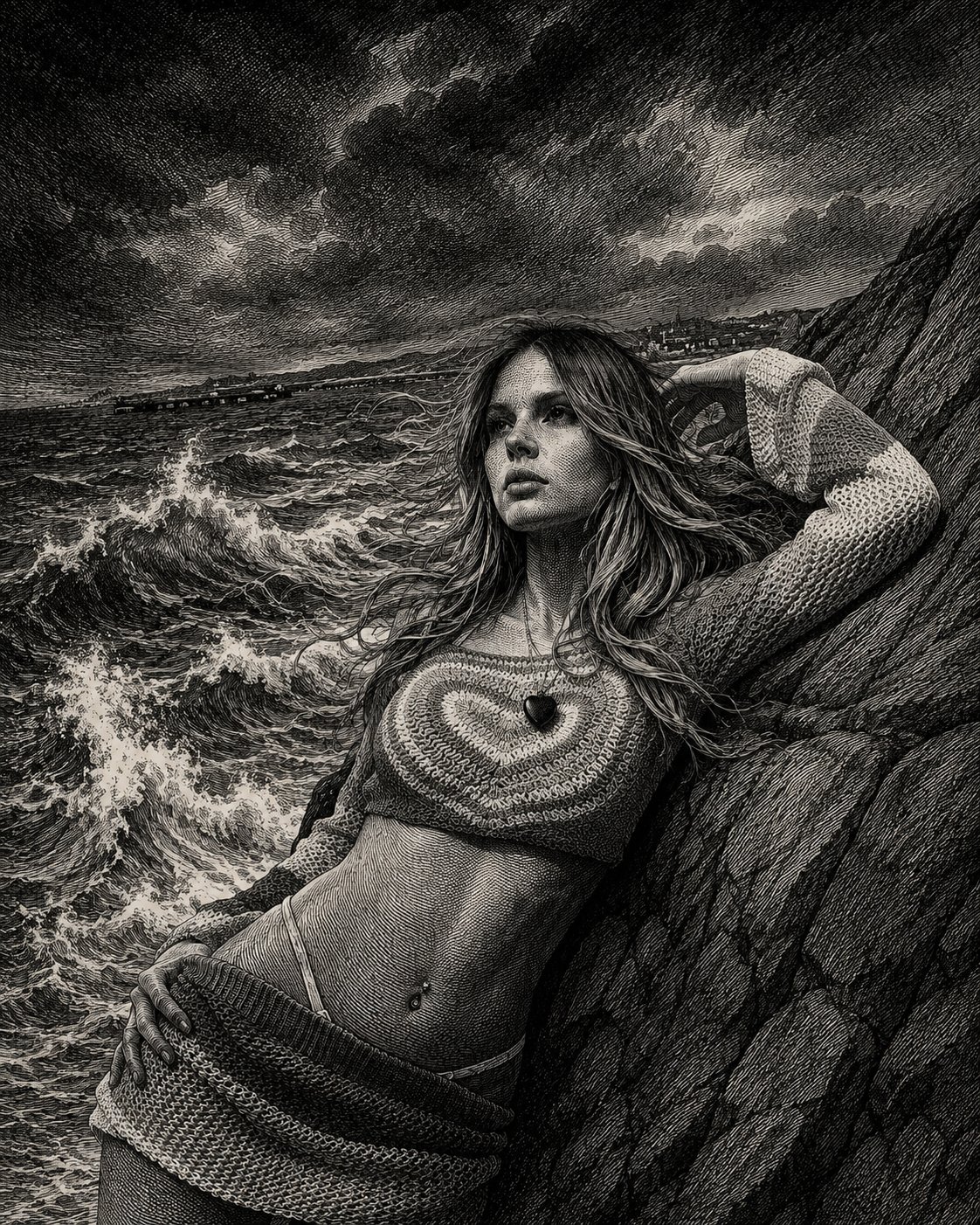 Classic black and white engraving of the attached model with long hair
