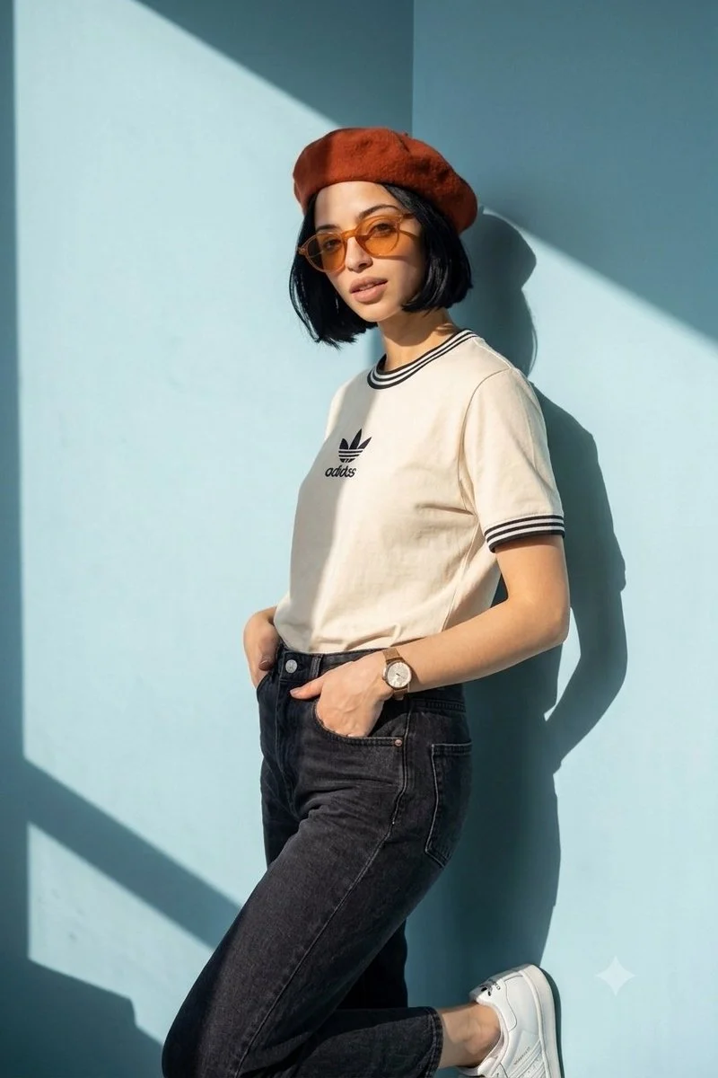 A minimalist fashion editorial portrait of a woman with a...