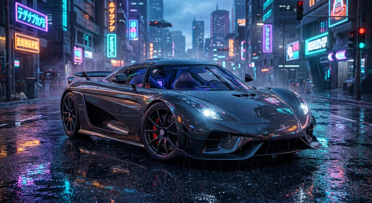A breathtaking ultra-luxury futuristic supercar parked on...