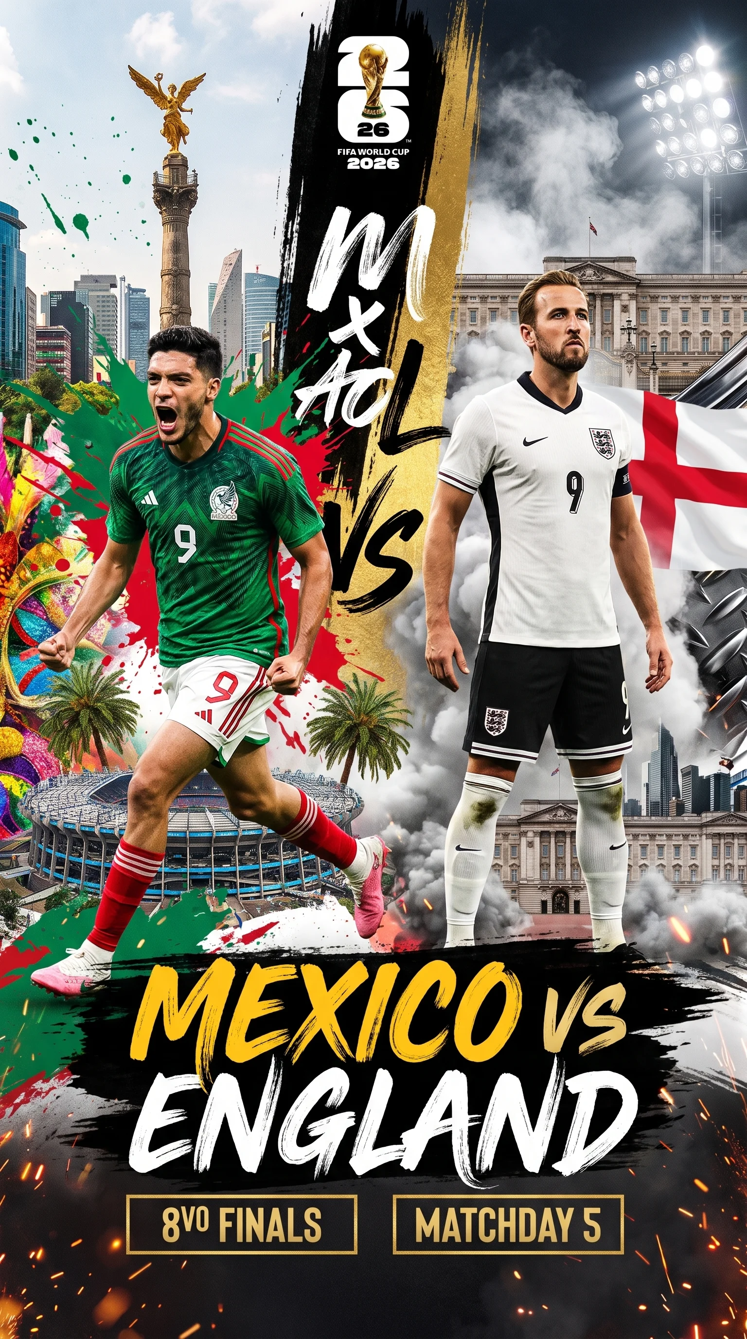 Ultra-detailed cinematic FIFA World Cup 2026 match poster...