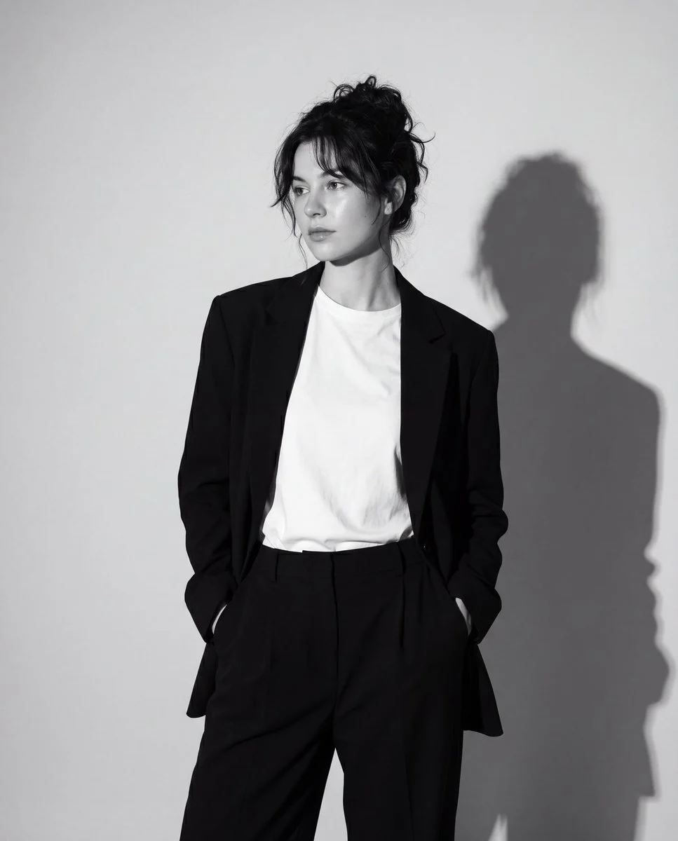 A fine art black-and-white editorial portrait of a stylis...
