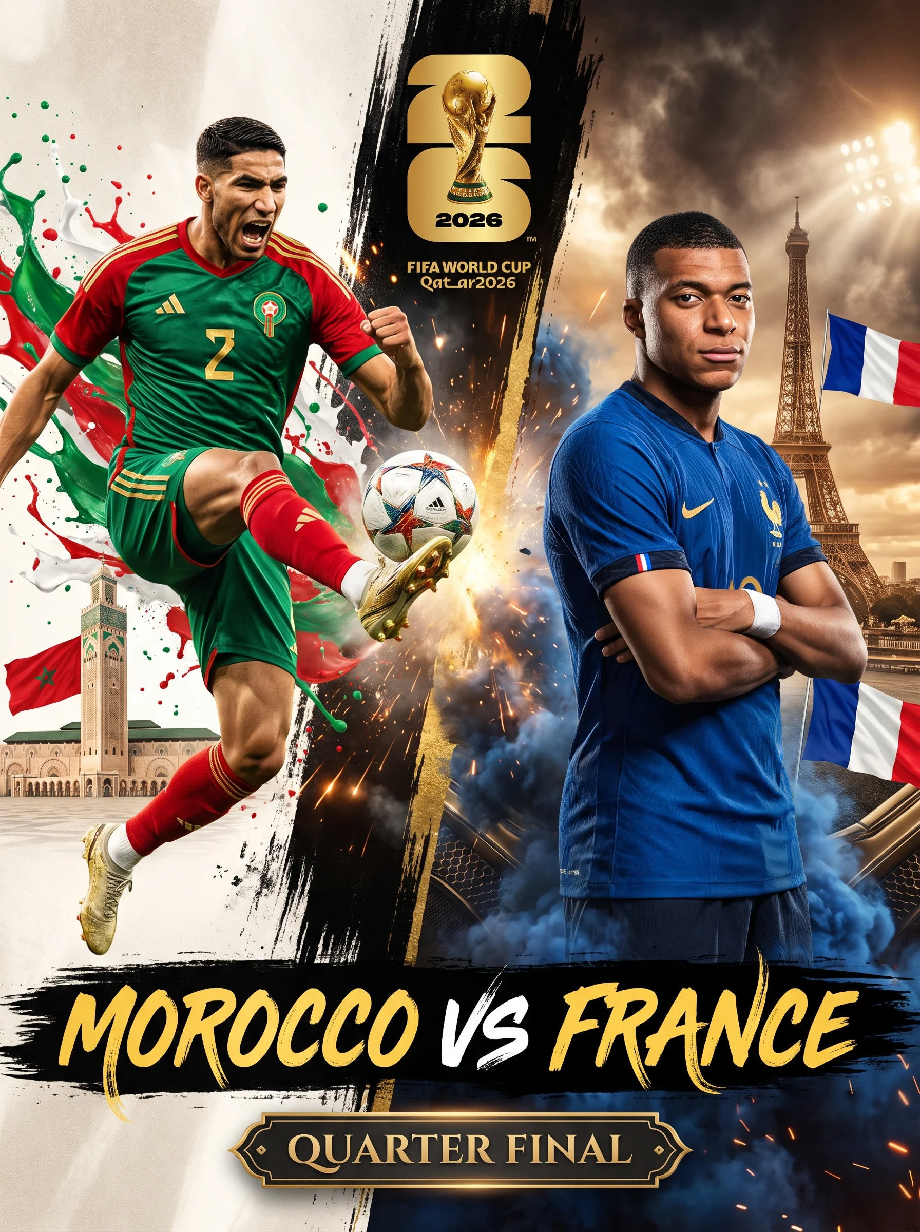 Ultra-detailed cinematic FIFA World Cup 2026 match poster...
