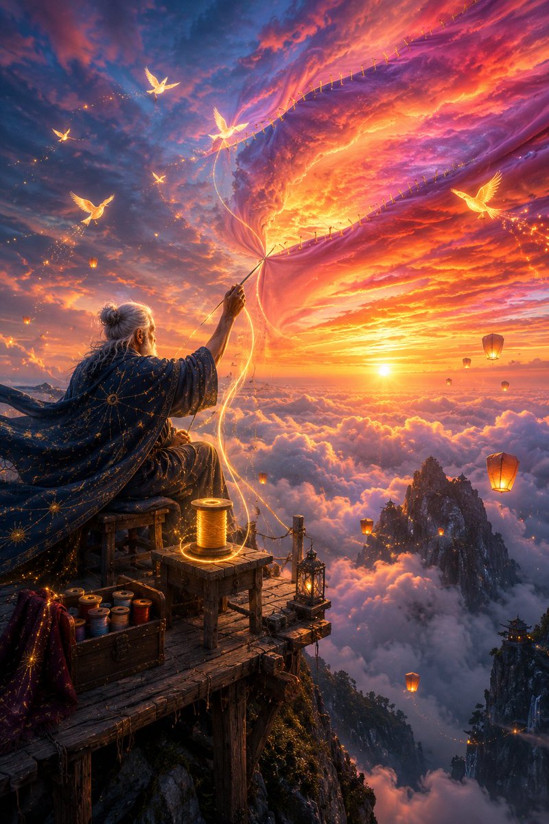 A breathtaking cinematic fantasy scene of an elderly master tailor seated on a weathere...