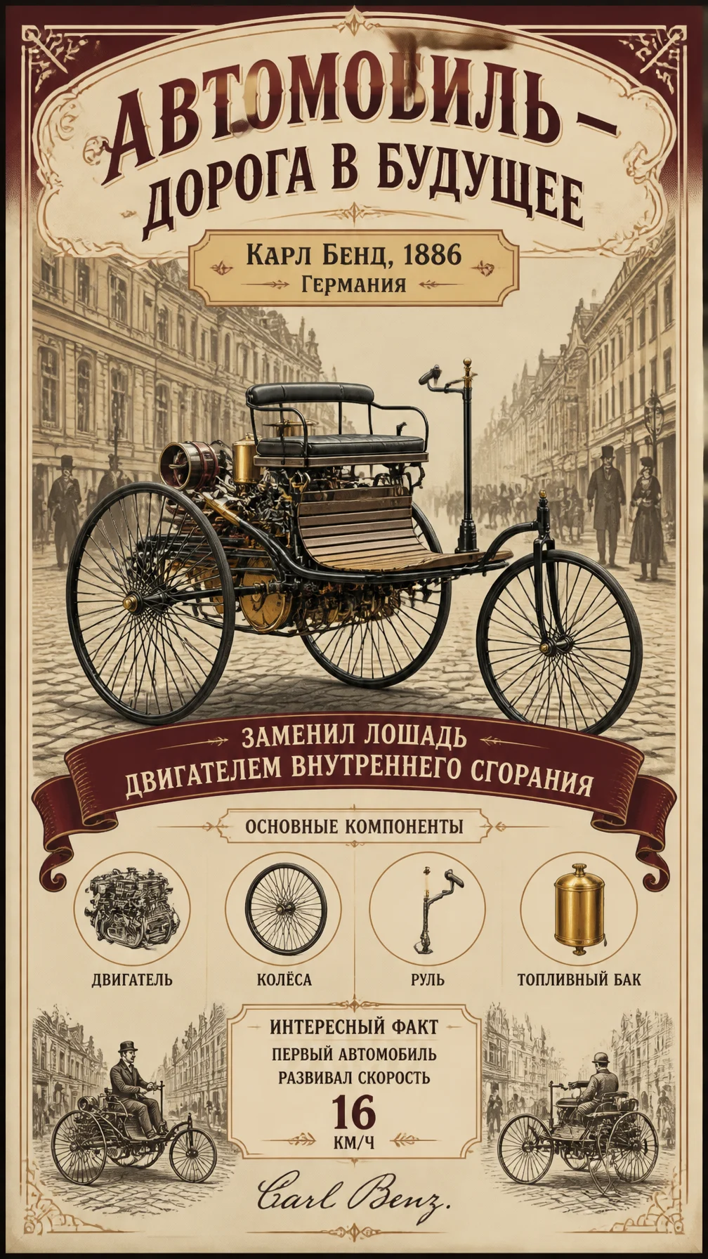 Автомобиль (Карл Бенц, 1886) — винтажная реклама начала X...