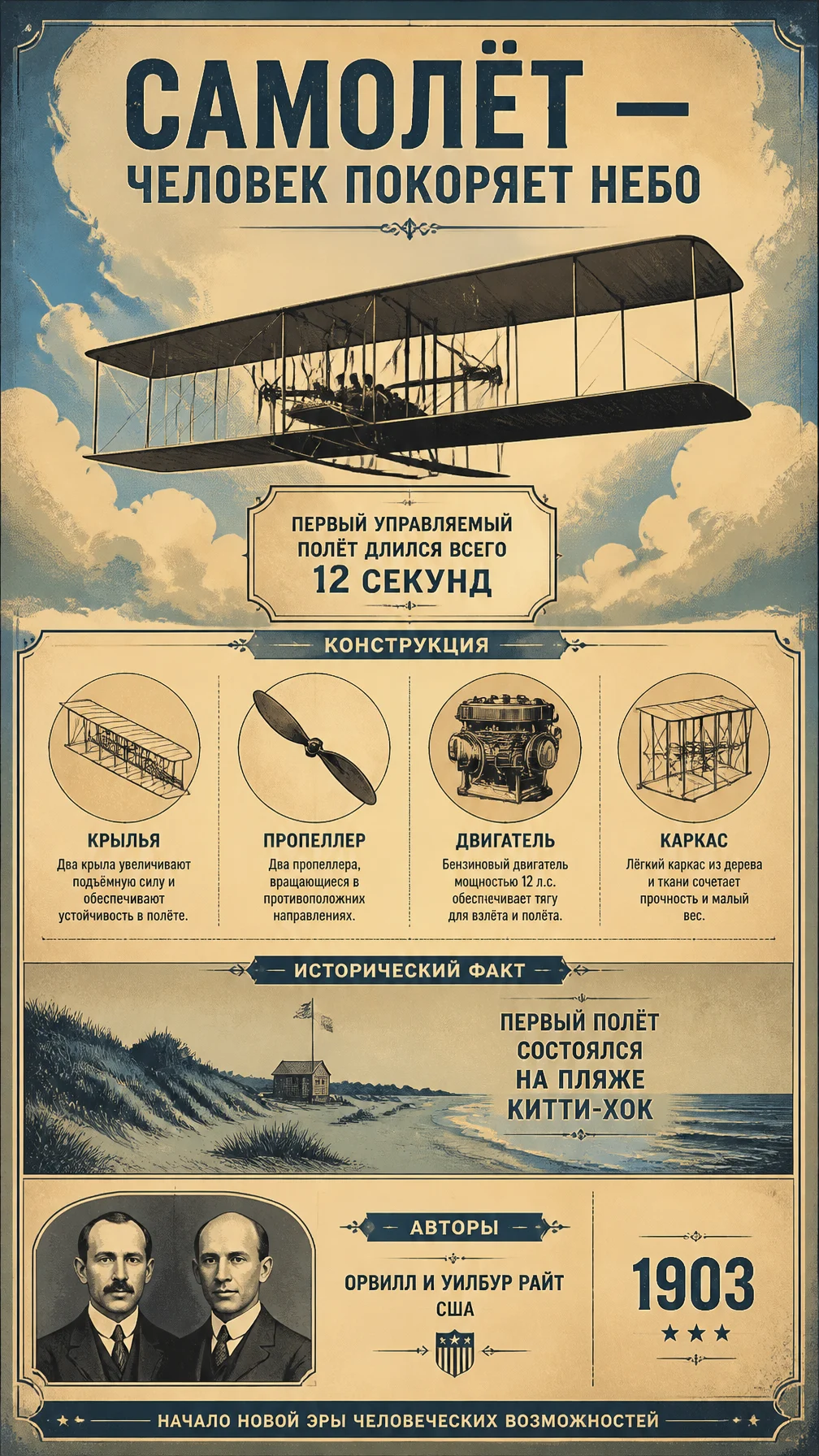 Самолёт (братья Райт, 1903) — плоский винтажный плакат