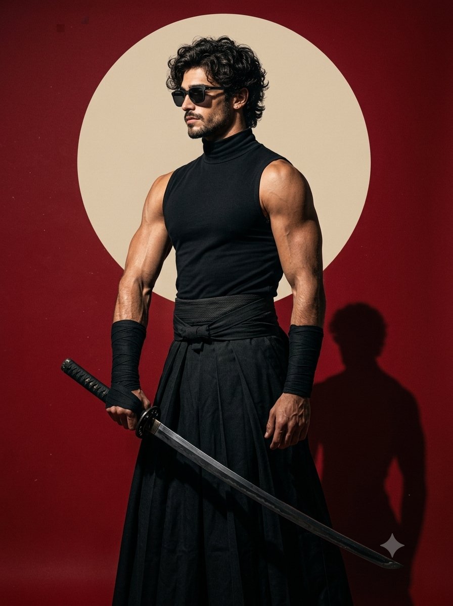 Ultra-realistic cinematic studio portrait of a modern samurai warrior in a black minima...