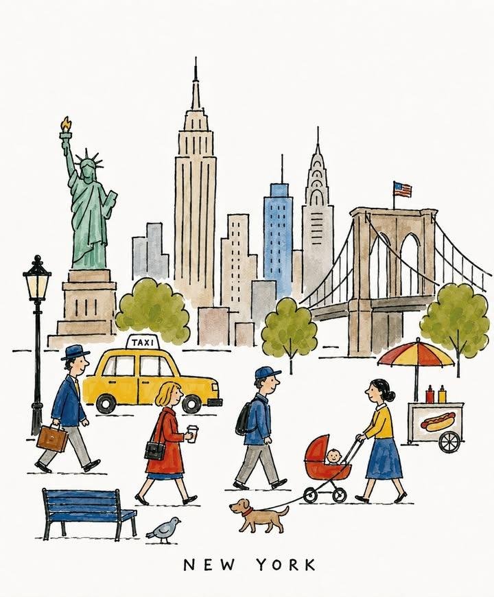 [DESTINATION] = [New York] Create a charming vintage picture-book illustration of [DEST...