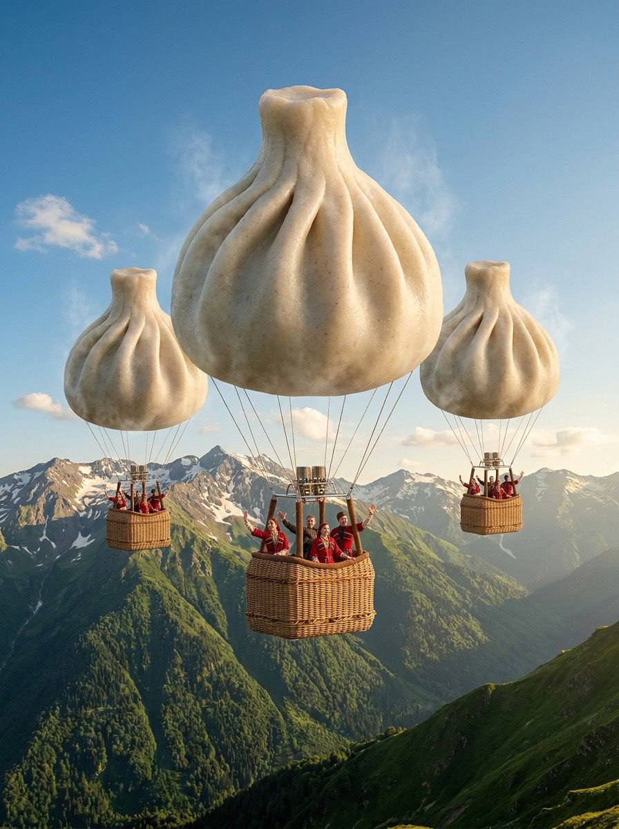 1/ Hyperrealistic surreal photography, three giant khinkali dumplings shaped as hot air...