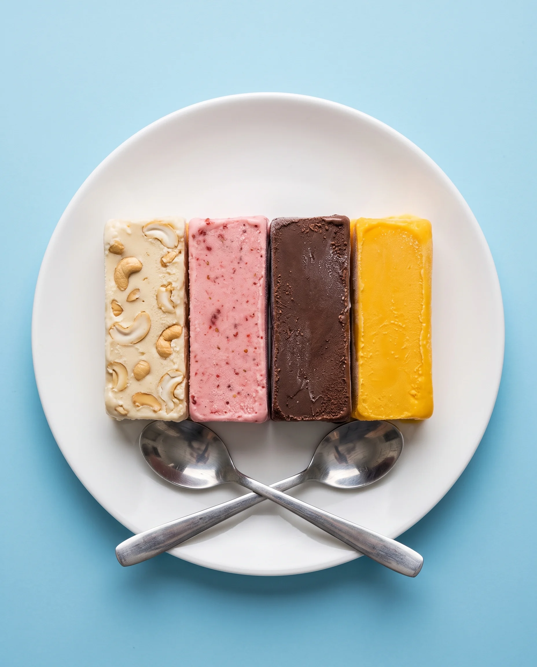 A quartet of rectangular kulfi slices, featuring distinct...