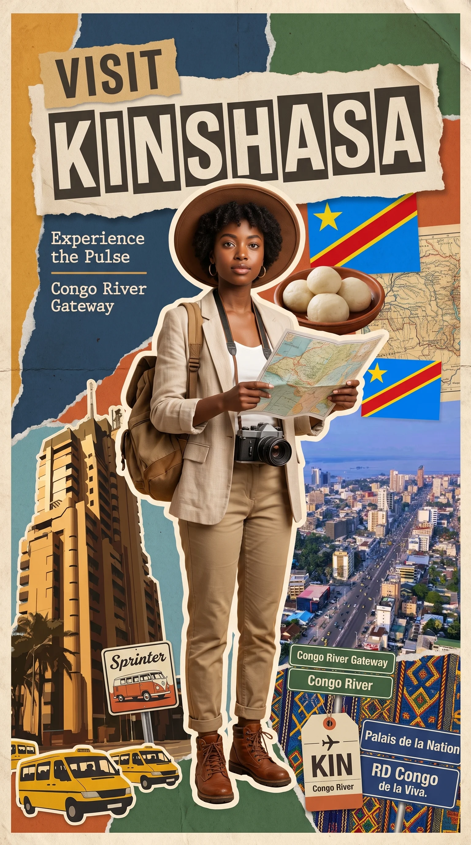 A vintage-style collage-style travel poster for Kinshasa,...