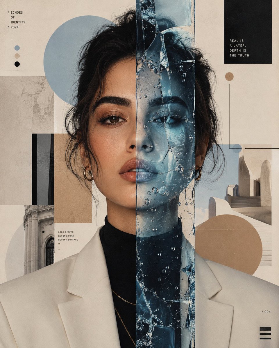 Create a museum-quality surreal editorial portrait of a striking young woman in a perfe...