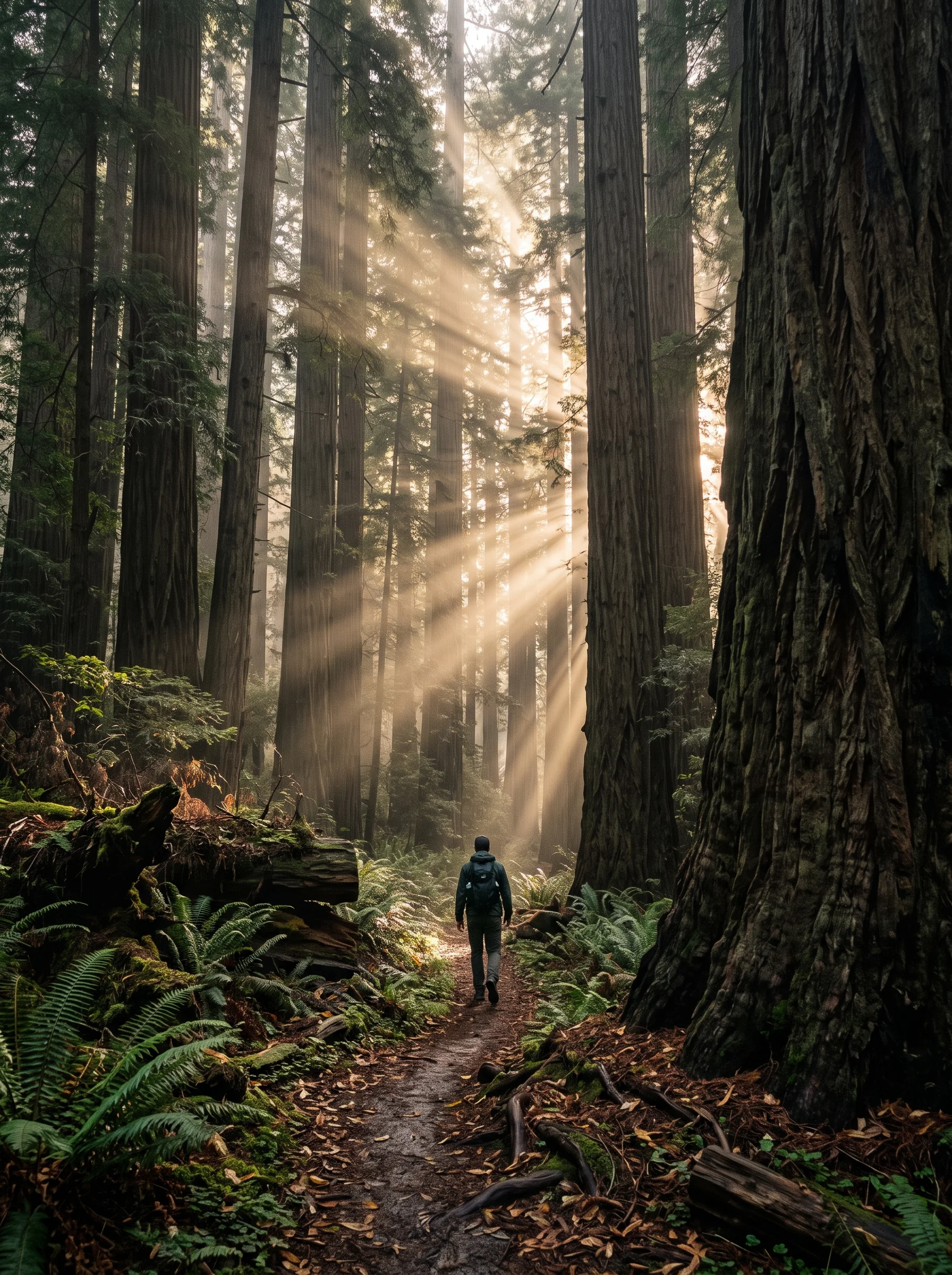 A solitary hiker walks along a narrow, leaf-strewn trail ...