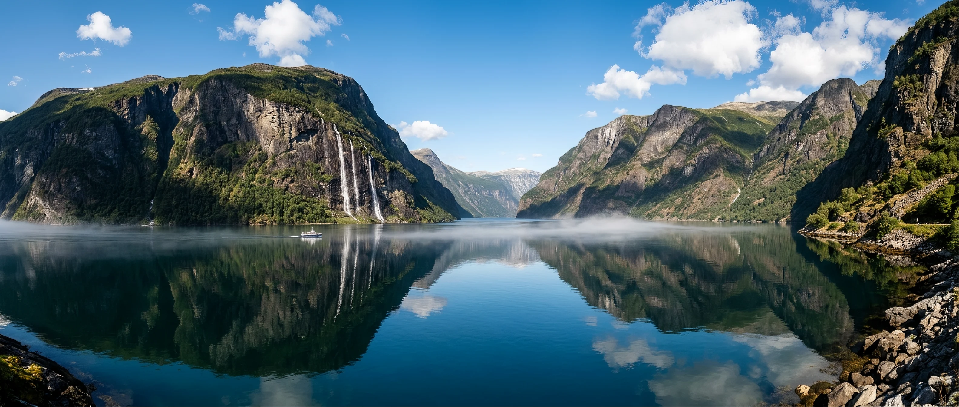 Cinematic landscape of dramatic Norwegian fjord with vert...
