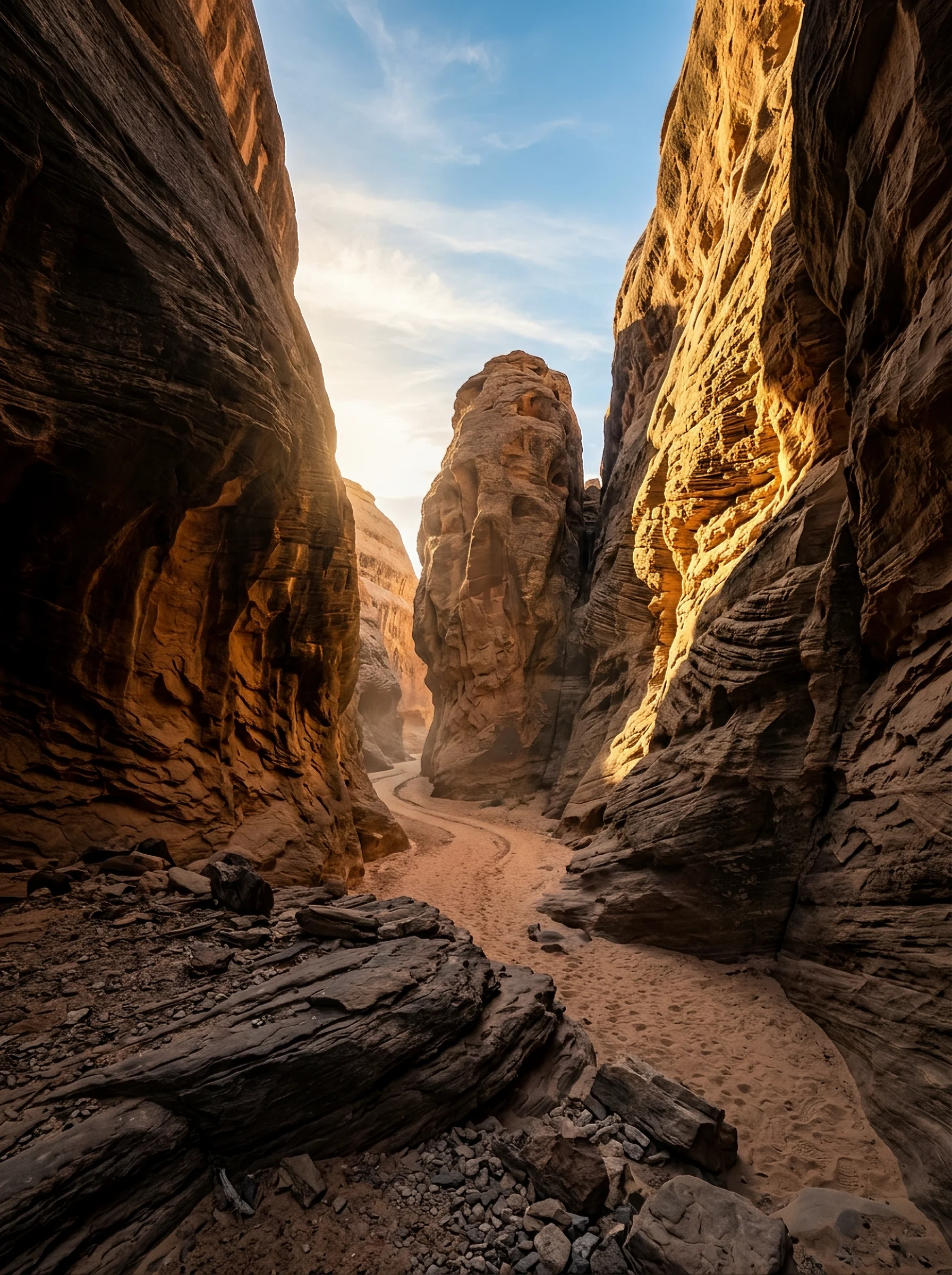 Towering sandstone cliffs form a narrow desert slot canyo...