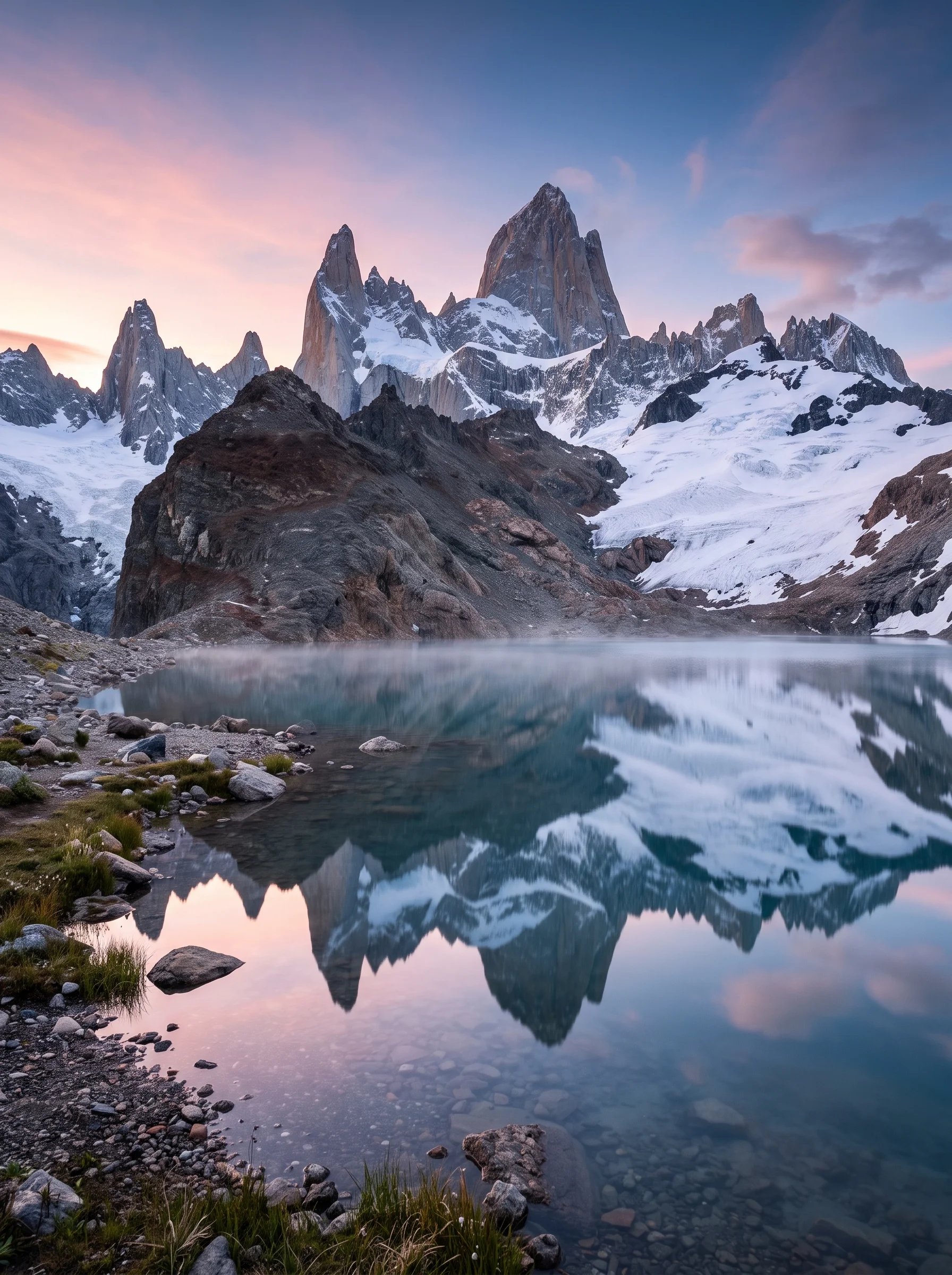 Jagged, towering snow-capped mountain peaks rising sharpl...