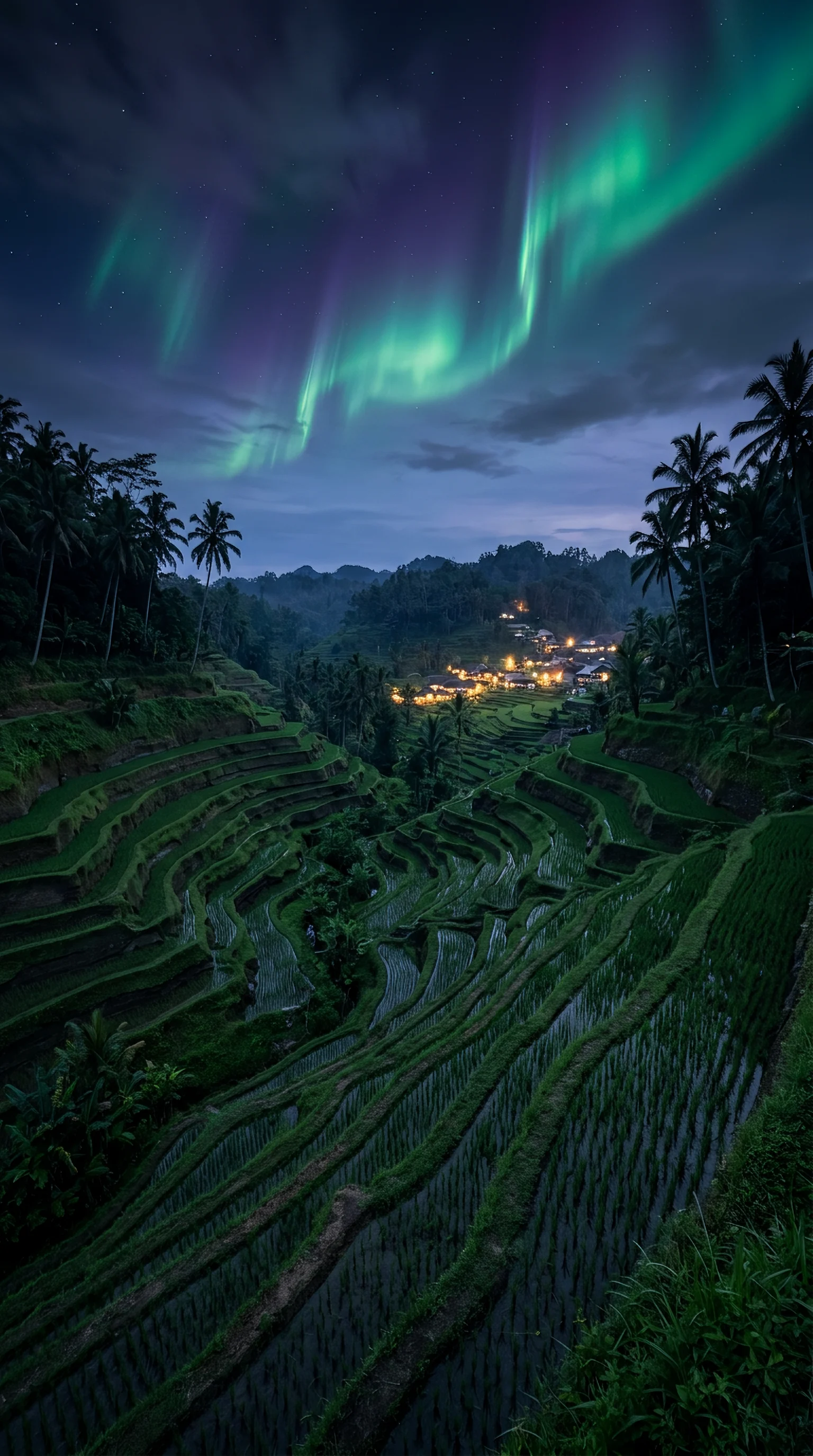 Cinematic landscape of lush Bali rice terraces at dusk, i...