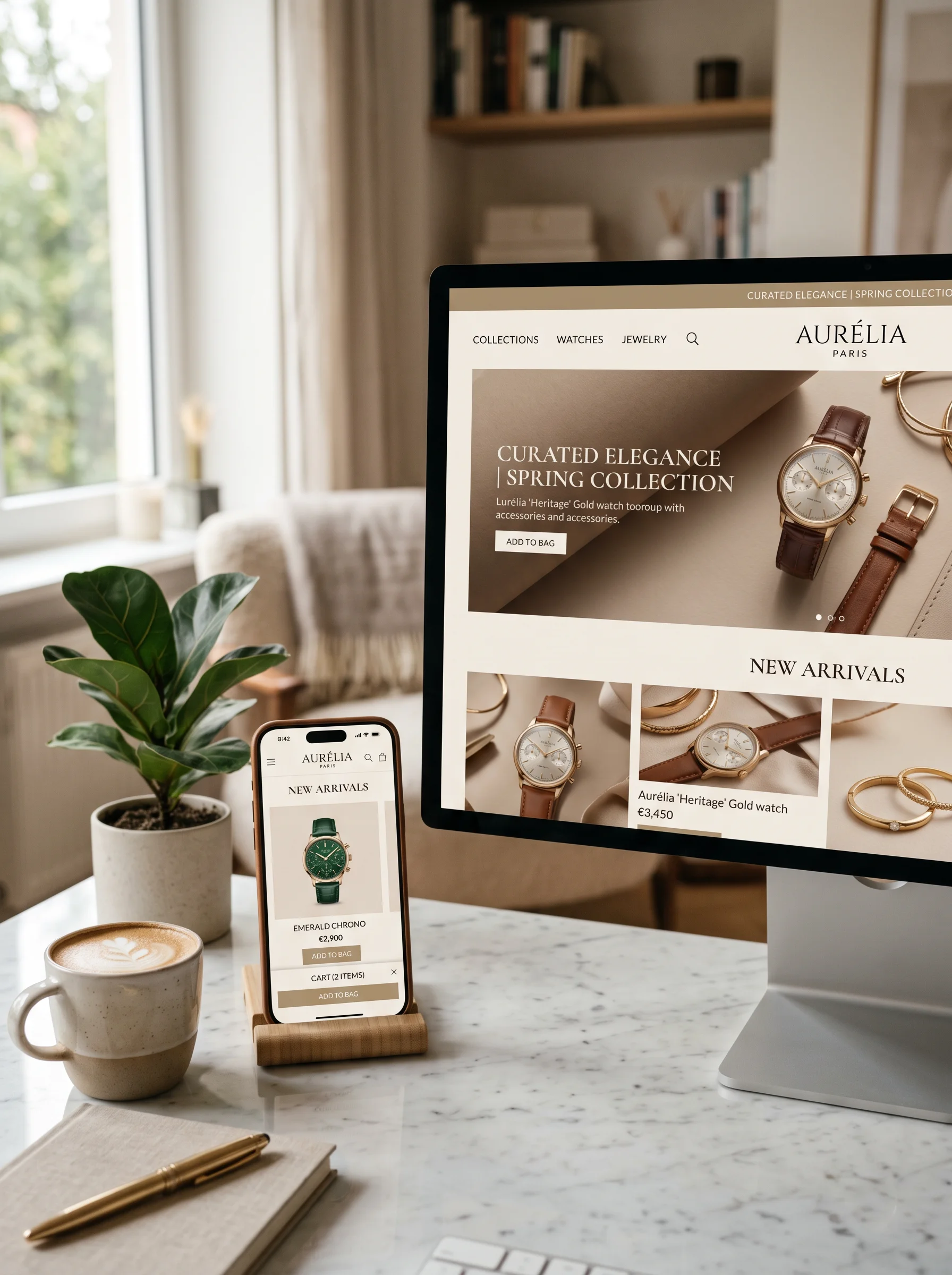 A lifestyle product mockup showing an iPhone and a deskto...