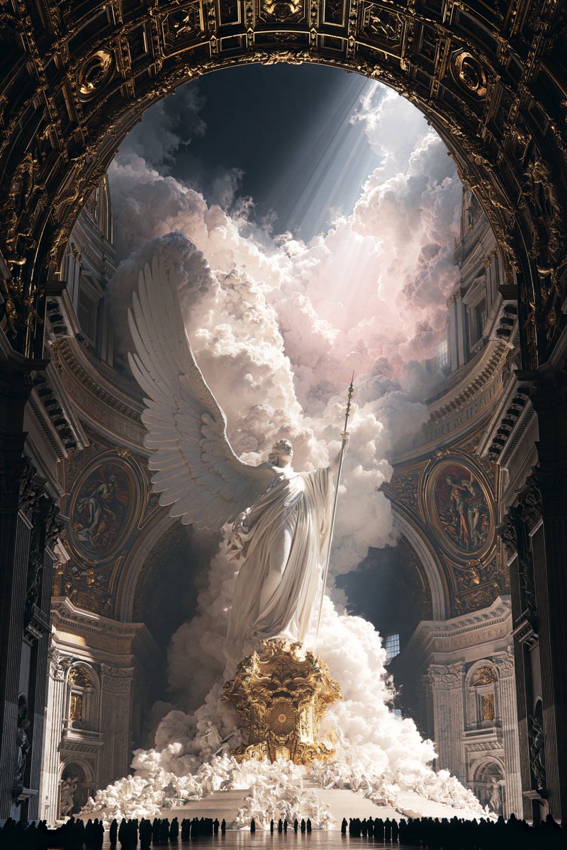 colossal white marble angel statue with spread wings standing atop an ornate gilded bar...