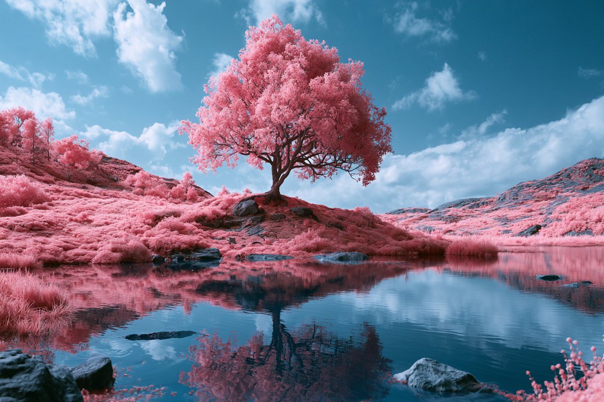 An otherworldly landscape featuring [SUBJECT] in a Solarized Infrared Dreamscape. Use a...