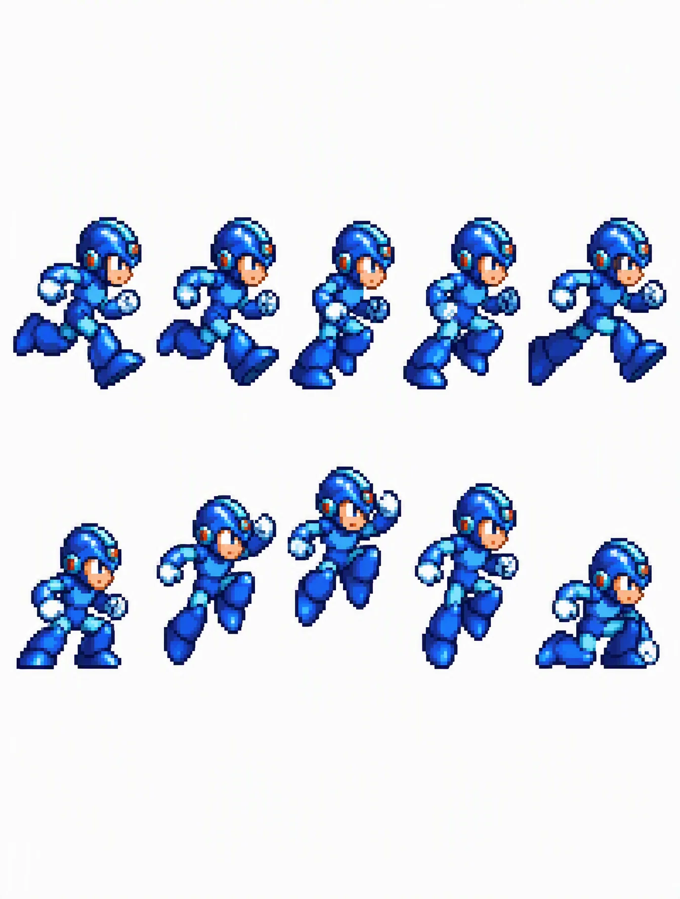 A retro 16-bit pixel-art sprite sheet presents ten blue-a...