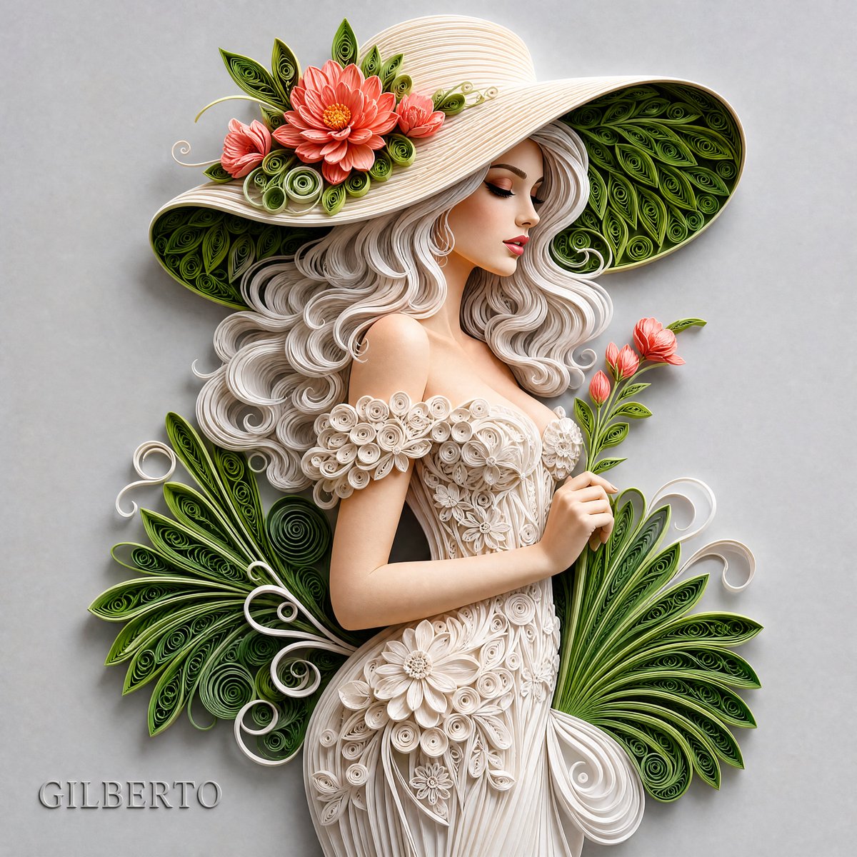 A detailed 3D paper quilling relief artwork of an elegant woman in a stylish off-the-sh...