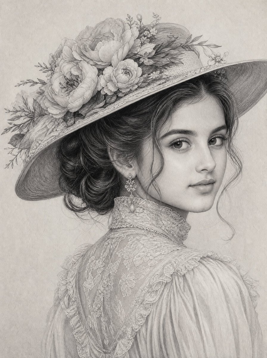 Create an ultra-detailed, soft graphite pencil portrait in a refined, classical illustr...
