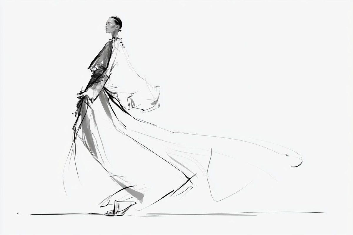 Minimalist fashion illustration sketch of a [subject], black ink line art on a pure whi...