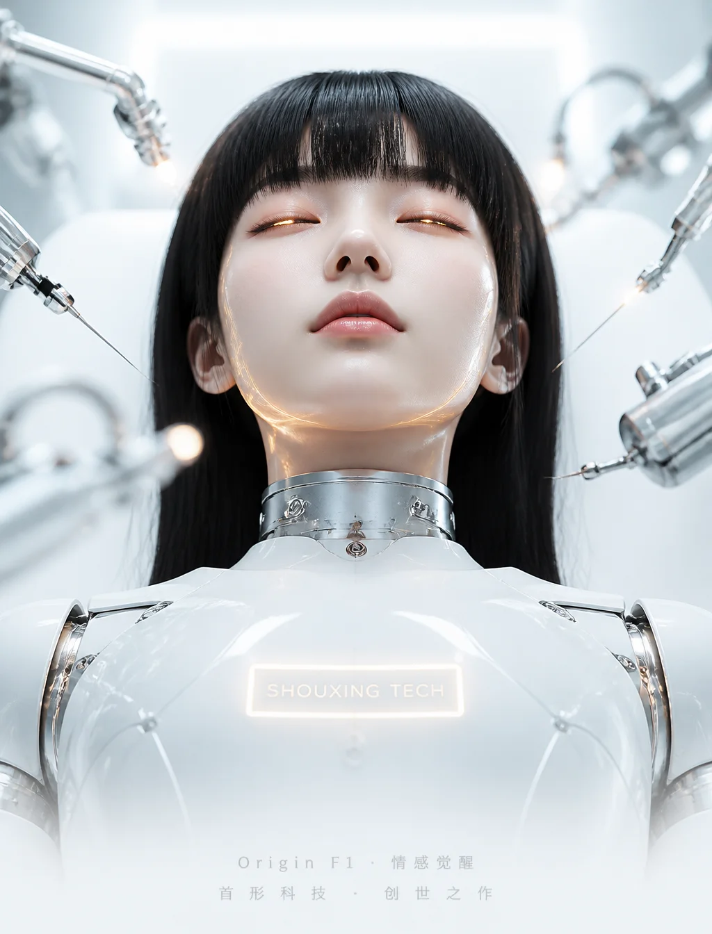 为 首形科技有限公司（SHOUXING TECH）打造超高端广告海报，核心围绕微距无菌精密实验室透视、超写实 Or...