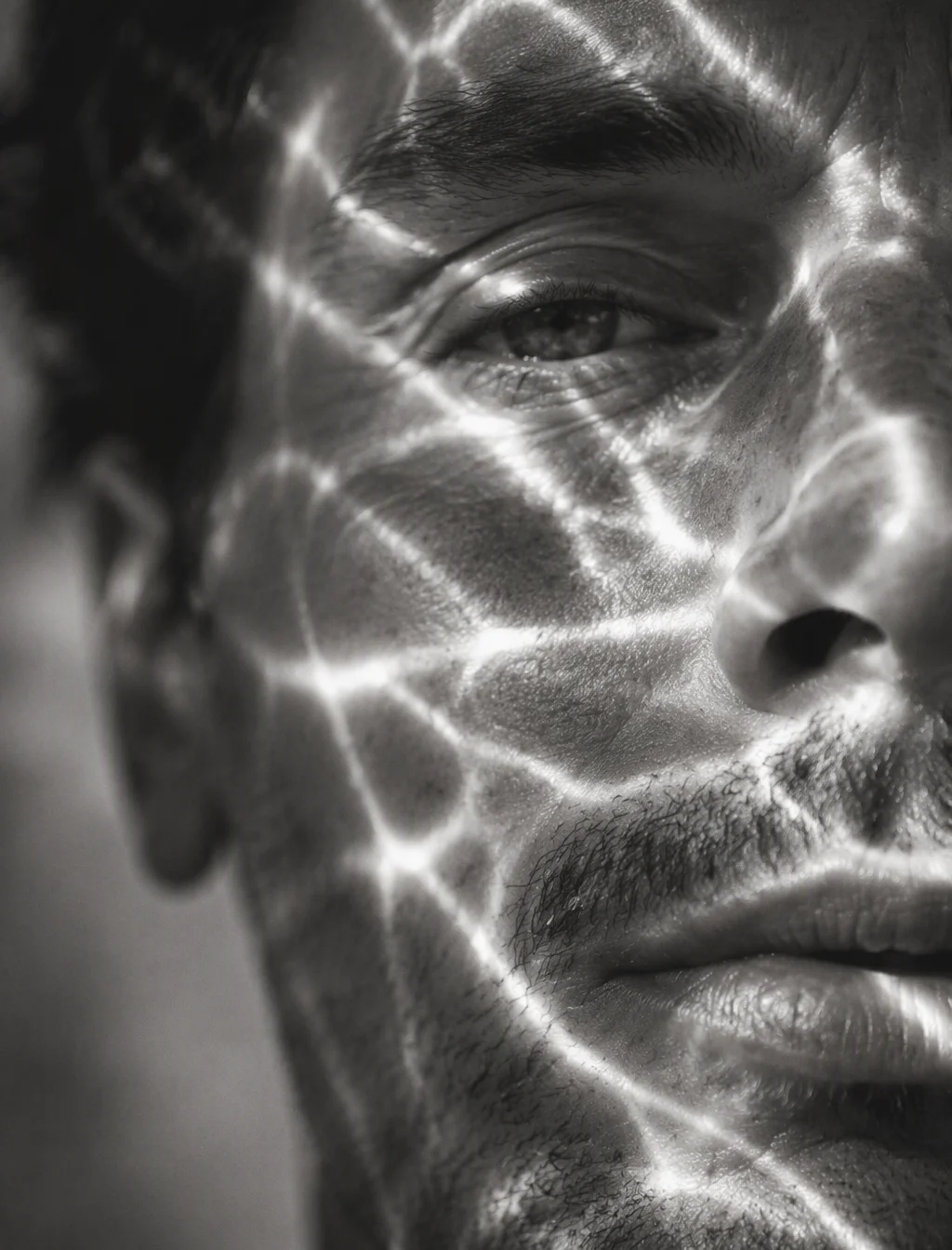 A hyperrealistic 8K black and white extreme close-up port...