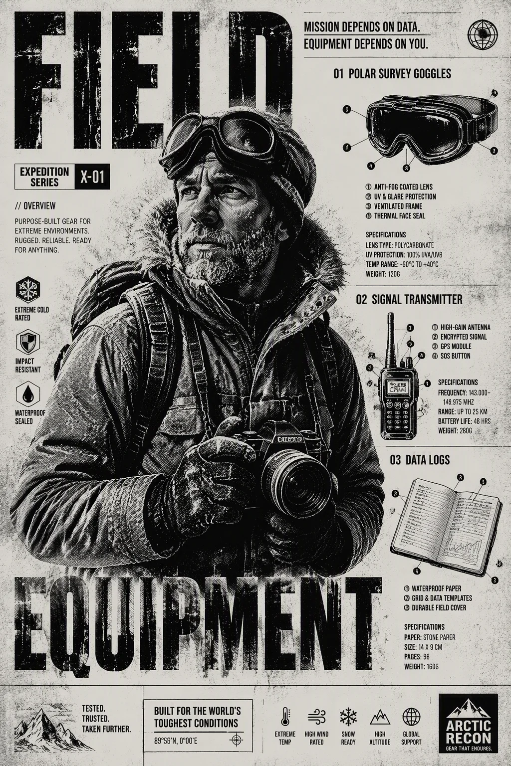 A mixed-product ad. A high-contrast halftone of the explo...