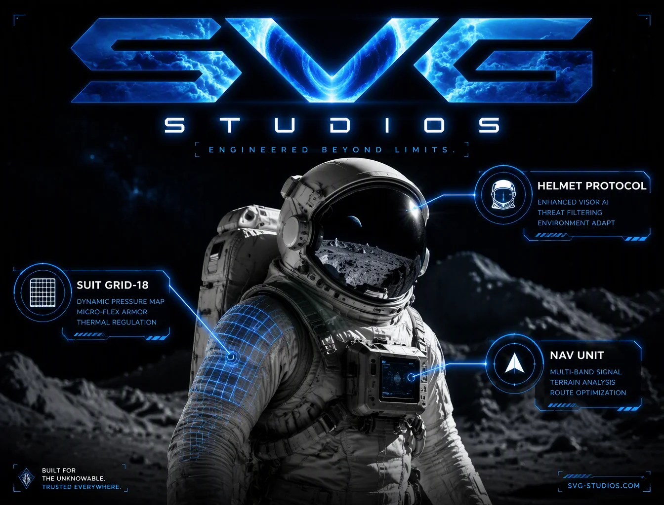 A high-contrast ad for a technical brand. A photo of an a...