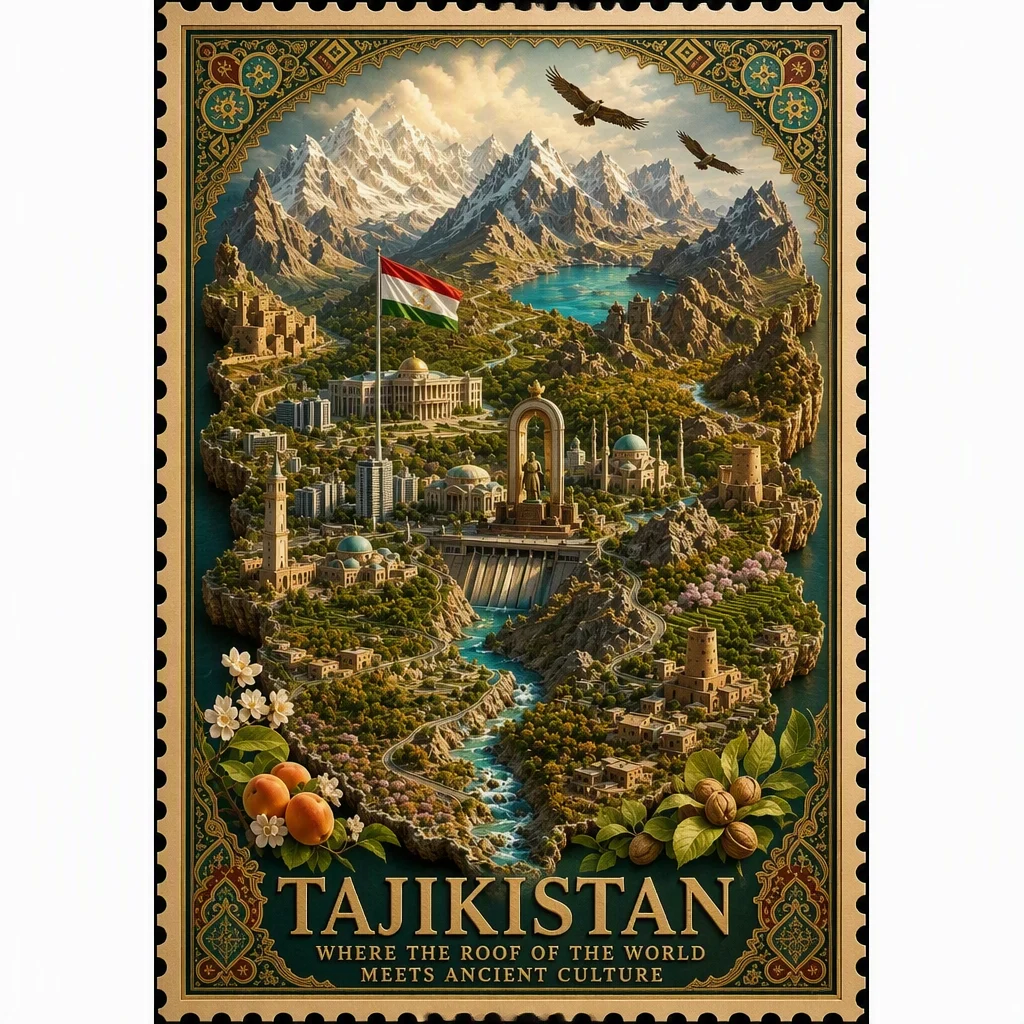A richly illustrated vintage travel poster presents Tajik...