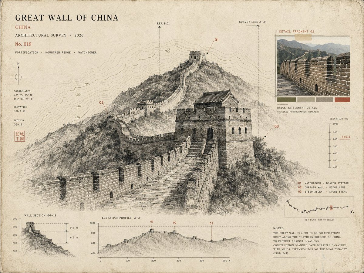 Great Wall of China drawn in pencil on a cream travel-journal page