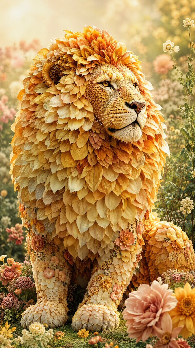 Stylized [subject] composed entirely of layered flower petals and blossoms, organic rou...