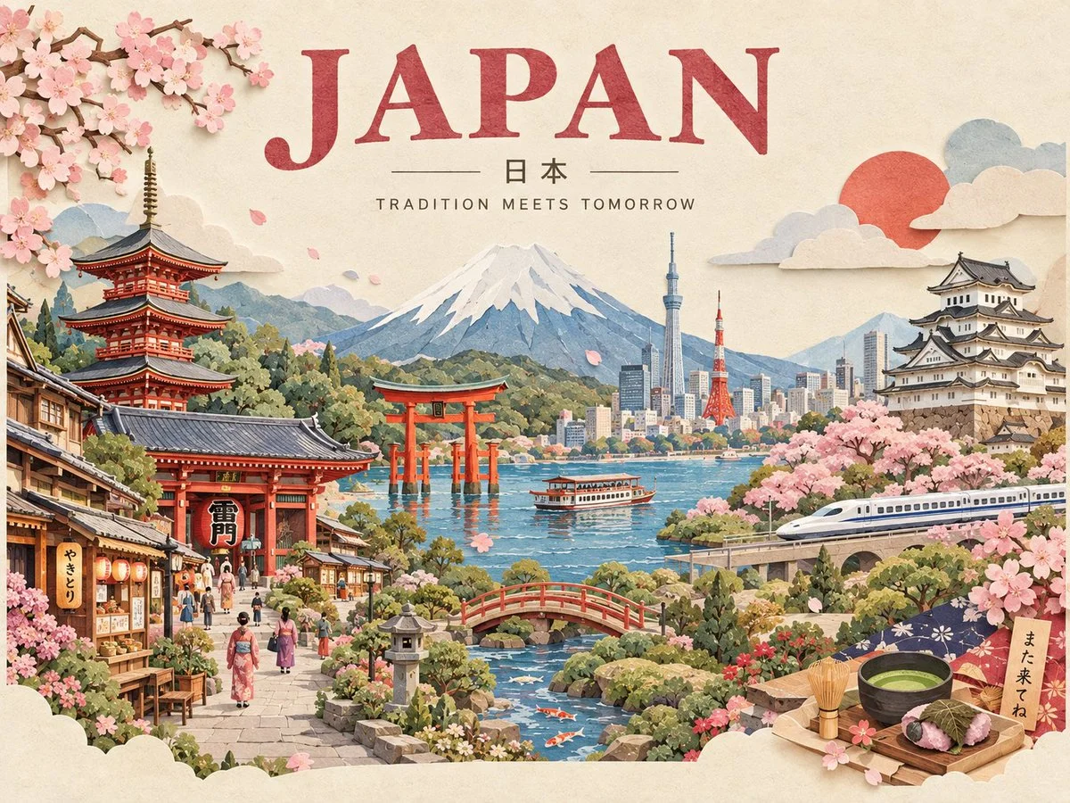 Layered paper-cut travel poster with Mount Fuji, cherry blossoms, and Japanese landmarks