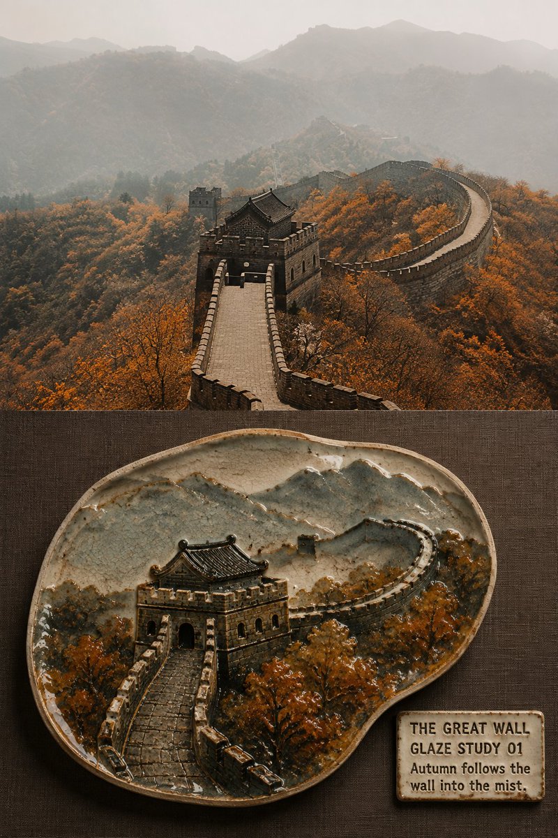请将我上传的每一张旅游照片分别制作成一张独立的「窑变釉彩旅行盘」对比海报。每张照片单独生成，禁止多图拼接、九宫格或混合不同场景。