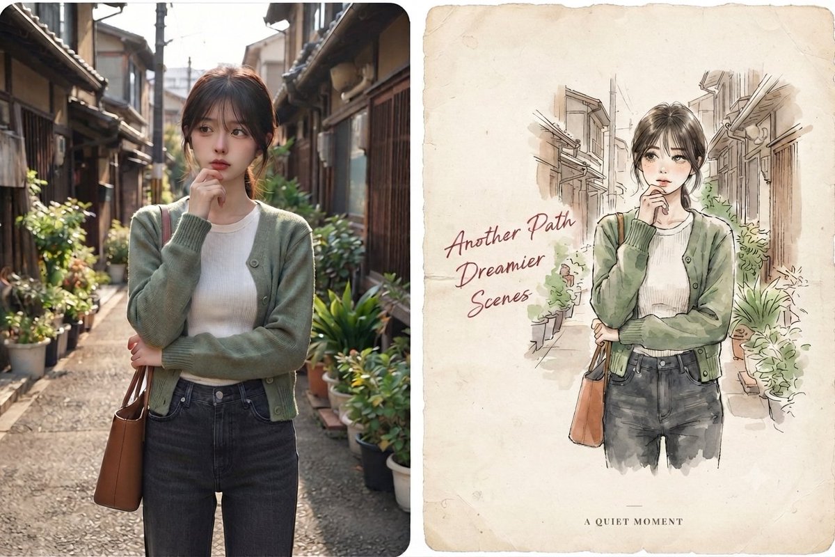 A photorealistic image on the left displays a young woman standing in a narrow alleyway...