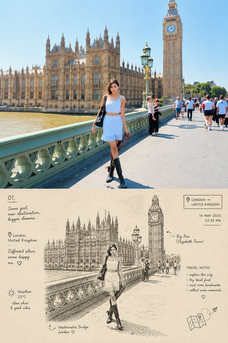 Create a nostalgic contemporary travel-journal artbook page based on the reference image.