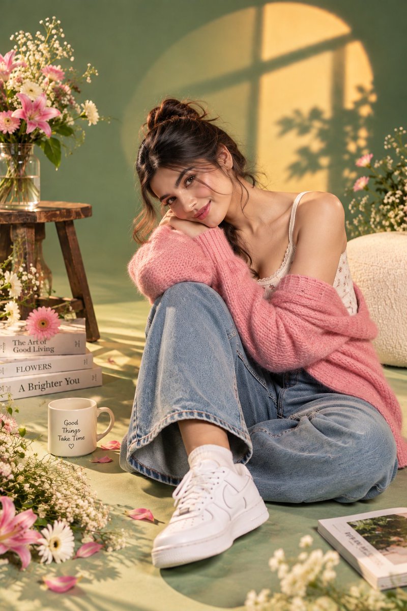 Ultra-realistic 9:16 spring fashion studio photoshoot featuring the same cute young fem...