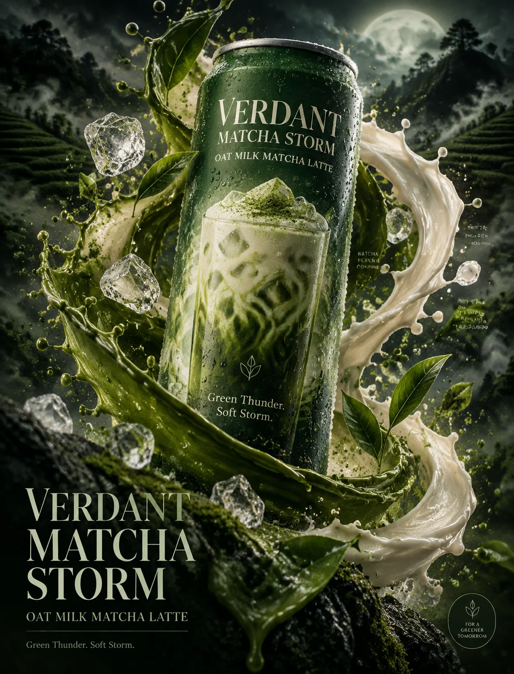【项目定位】为虚构高端罐装品牌 “VERDANT MATCHA STORM” 创作戛纳级商业海报。核心结构：一罐高...