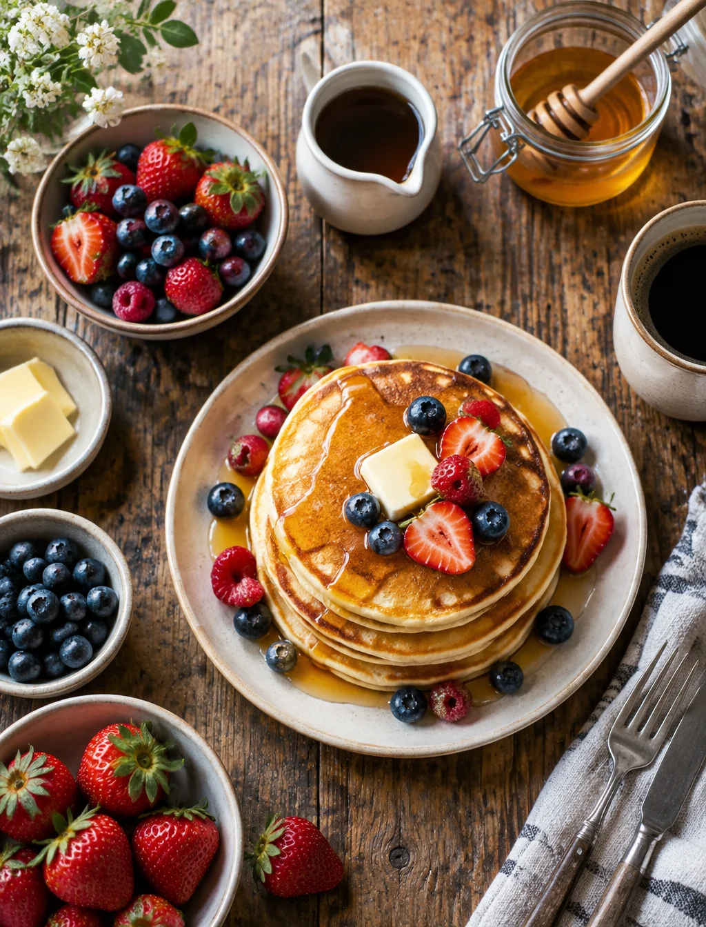 "Top-down shot of a rustic breakfast spread — pancakes, b...