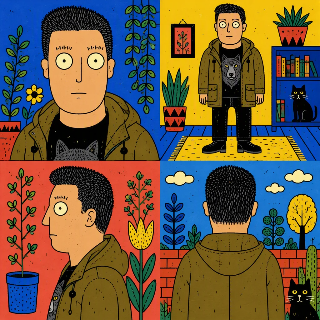 Flat offbeat adult-cartoon drawing with slightly asymmetr...