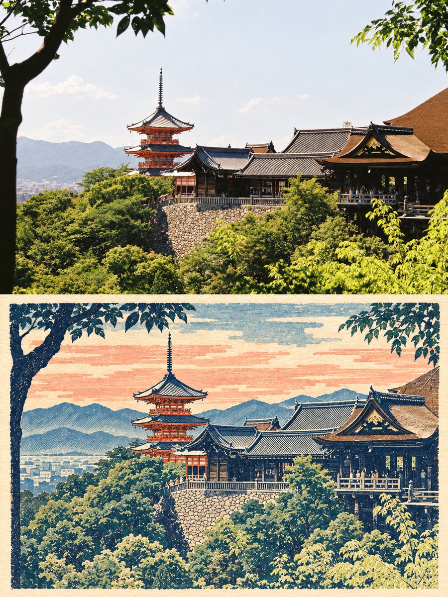 将输入的旅行照片制作成一张独立的 3:4 竖版上下对比海报。上半部分完整保留原始真实照片，保持主体身份、数量、构图、透视、关键建筑或自然轮廓、原始光线和环境关系，只做轻微出版...