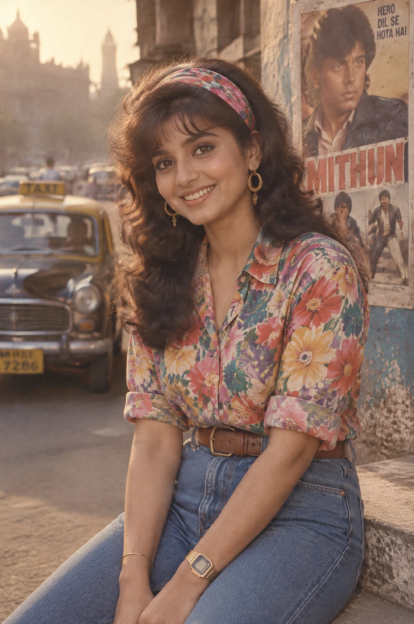 A retro 1980s Bollywood-style portrait of a young Indian ...