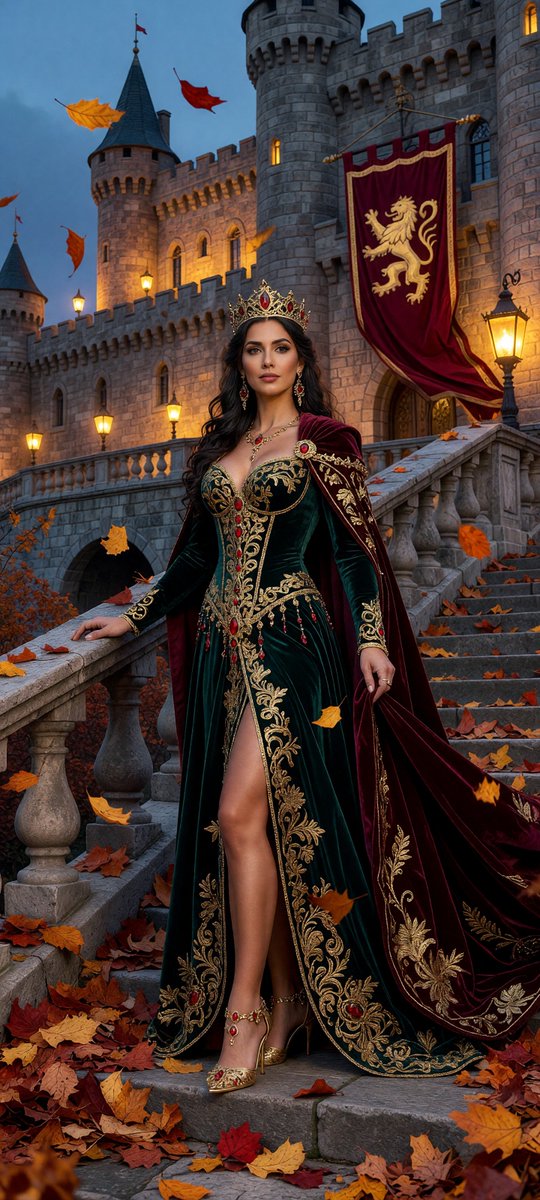 Full-body portrait of a majestic fantasy queen standing gracefully on stone terrace sta...