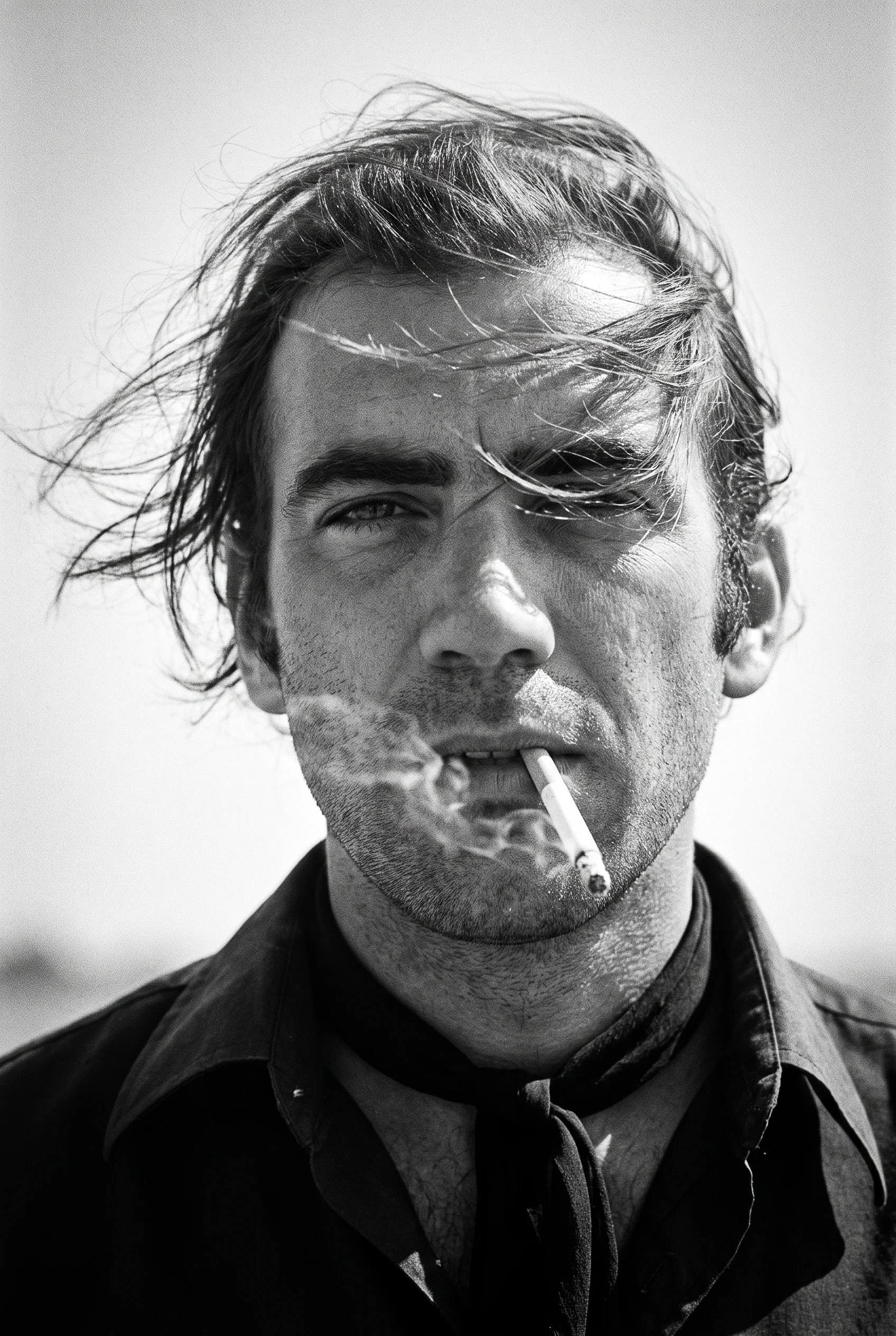 Create a 1970s black-and-white close-up portrait in a win...